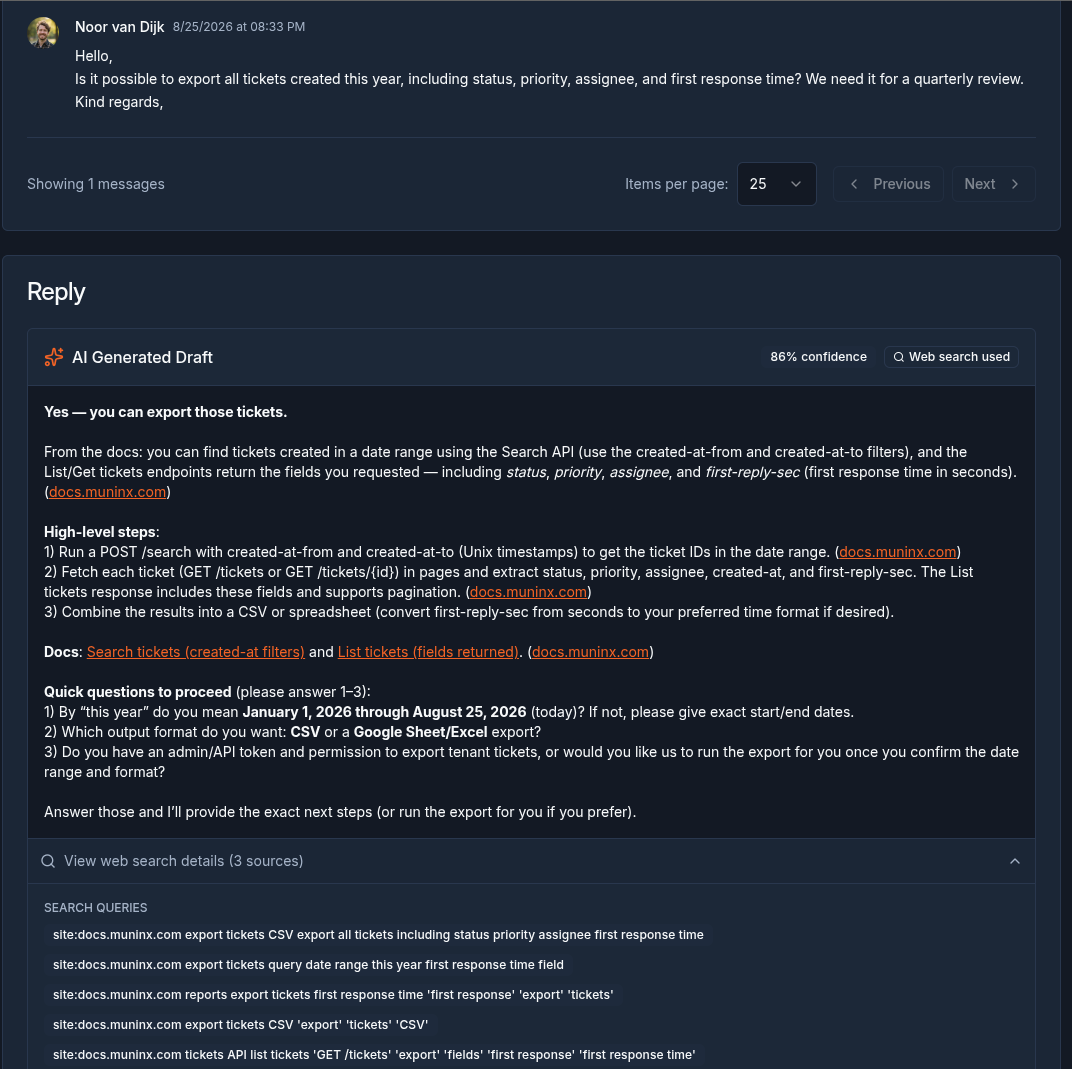 Muninx AI-assisted reply view showing an AI-generated draft